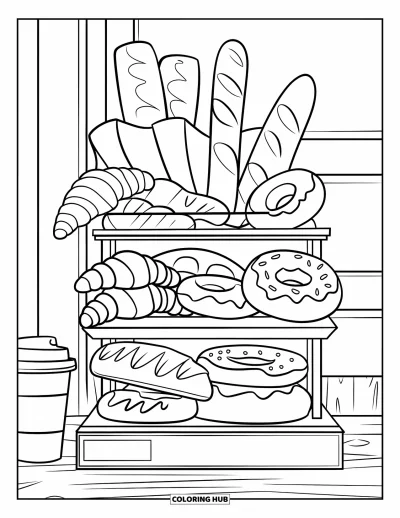 Backen-Ausmalbild für Kinder: Ein Holzregal mit Croissants, Baguettes, Donuts und einer Kaffeetasse