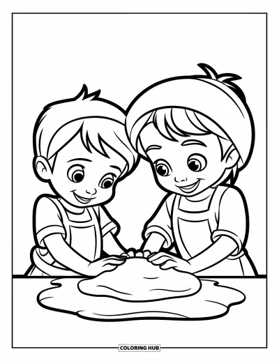 Backen-Ausmalbild für Kinder: Zwei Kinder kneten Teig mit fröhlichen Gesichtern