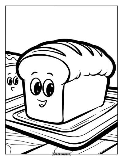Backen-Ausmalbild für Kinder: Zwei Brotlaibe mit Gesichtern auf einem Backblech
