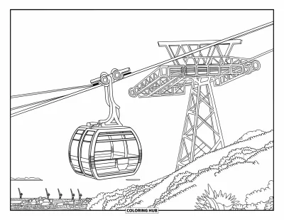 Disegno di Barcellona da colorare per adulti: Una funivia scivola sopra il Montjuïc con vista sulla collina e sul porto di Barcellona