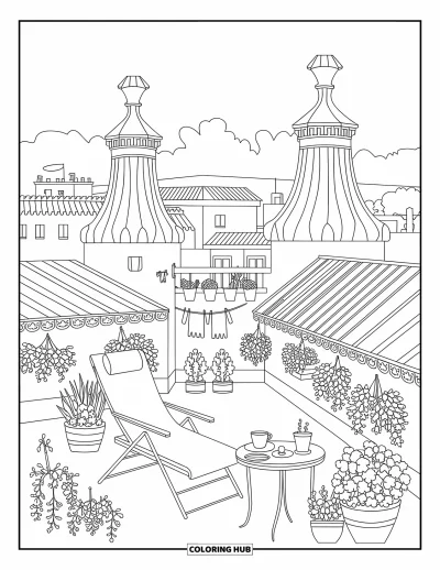 Disegno di Barcellona da colorare per adulti: Una terrazza accogliente con uccelli, caffè e camini di Gaudí sopra la città