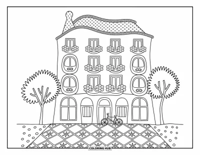 Disegno di Barcellona da colorare per adulti: Una Sagrada Família fantasiosa con viuzze acciottolate, biciclette e angoli di caffè accoglienti