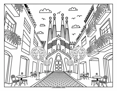 Disegno di Barcellona da colorare per adulti: La Sagrada Família raffigurata in modo adorabile circondata da bici, balconi e caffè nelle strade di Barcellona