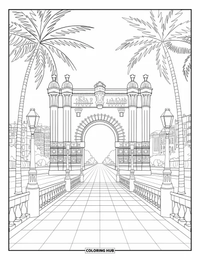 Disegno di Barcellona da colorare per adulti: Arc de Triomf incorniciato da palme, lampioni e vialetti decorativi