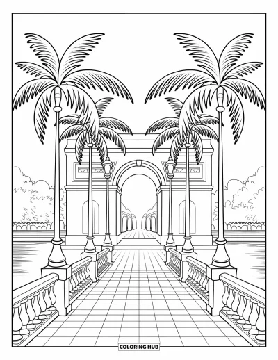 Disegno di Barcellona da colorare per adulti: Arc de Triomf con palme, sentieri piastrellati e un'atmosfera raccolta come un giardino