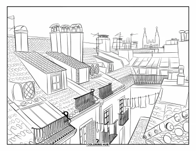 Disegno di Barcellona da colorare per adulti: Tetti di Barcellona con fili del bucato, balconi e guglie della cattedrale in una veduta cittadina suggestiva