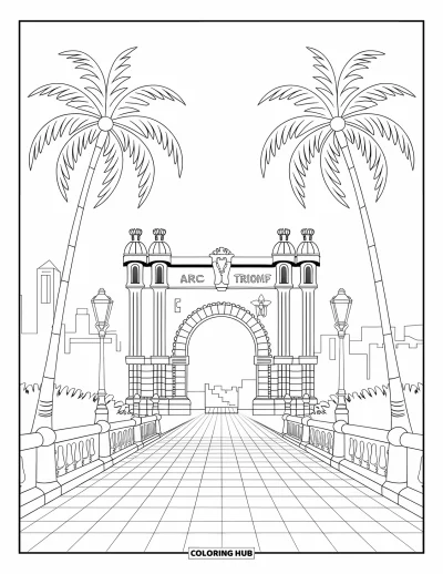 Disegno di Barcellona da colorare per adulti: L'Arc de Triomf di Barcellona svetta con lanterne, vialetti e palme in fila
