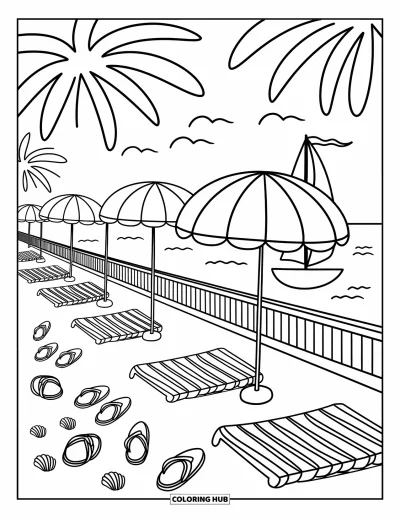 Disegno di Barcellona da colorare per adulti: Ombrelloni da spiaggia, infradito e asciugamani creano un momento rilassante in riva al mare