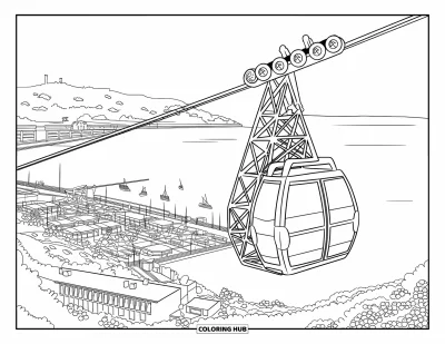 Disegno di Barcellona da colorare per adulti: Una funivia sospesa sopra il porto con gru, verde e la collina del Montjuïc