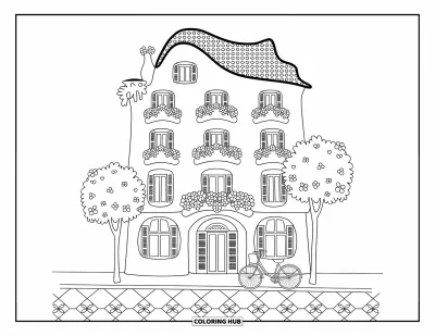 Disegno di Barcellona da colorare per adulti: Casa Batlló reinterpretata con dolci spirali, fiori e una bicicletta sotto la luce del pomeriggio