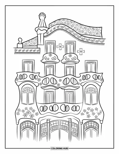 Disegno di Barcellona da colorare per adulti: La facciata da sogno di Casa Batlló con piastrelle floreali, balconi curvi e tetti ondulati