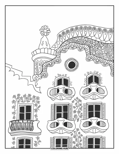 Disegno di Barcellona da colorare per adulti: Le finestre scolpite e i balconi a forma di maschera di Casa Batlló rendono questa vista davvero unica