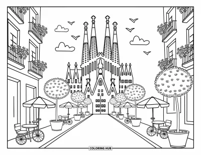 Disegno di Barcellona da colorare per adulti: Graziosi caffè e uccelli circondano l'iconica basilica in una via calda e accogliente