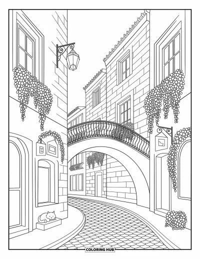 Disegno di Barcellona da colorare per adulti: Incantevole strada in pietra con lanterne, finestre gotiche e un gatto raggomitolato