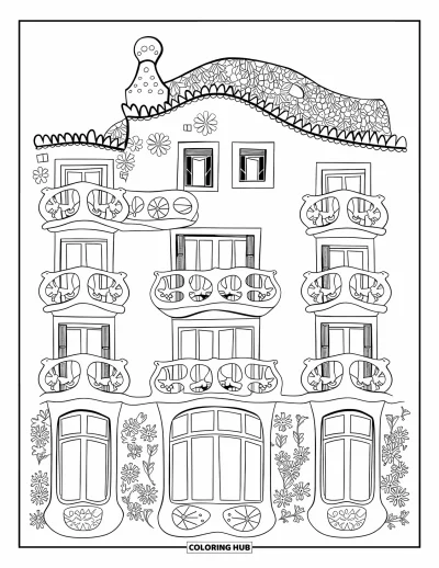 Disegno di Barcellona da colorare per adulti: Tetto curvato e balconi originali decorano l'esterno surreale di Casa Batlló