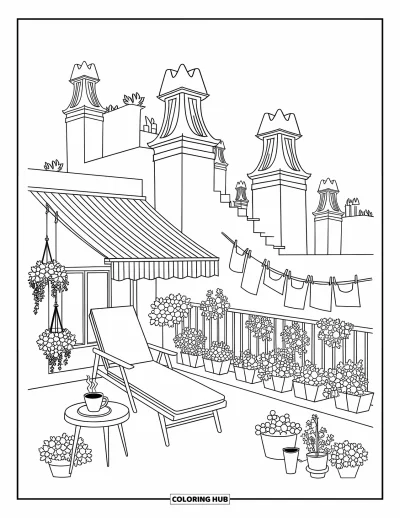 Disegno di Barcellona da colorare per adulti: Deliziosa terrazza sul tetto di Barcellona con sdraio, caffè e camini in stile Gaudí