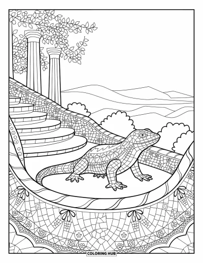 Disegno di Barcellona da colorare per adulti: El Drac al Park Güell incorniciato da colonne, scale e alberi gentili