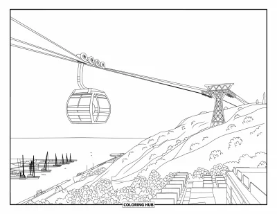 Disegno di Barcellona da colorare per adulti: Cabina vuota della funivia in volo sul Montjuïc con gru e navi lontane in basso