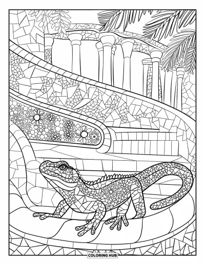 Disegno di Barcellona da colorare per adulti: La celebre lucertola mosaico al Park Güell circondata da scale, piastrelle e alberi frondosi