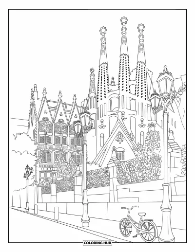 Disegno di Barcellona da colorare per adulti: Veduta frontale della Sagrada Família con archi gotici, guglie, bicicletta e lampioni