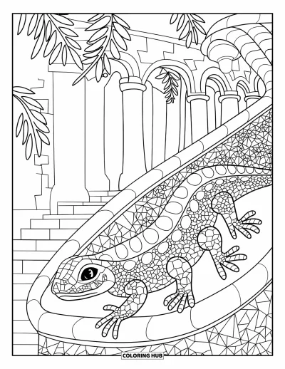 Disegno di Barcellona da colorare per adulti: La celebre lucertola siede al Park Güell con mosaici, colonne e alberi tropicali nelle vicinanze