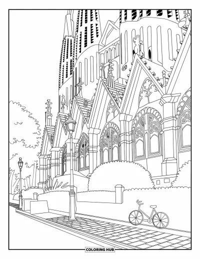 Disegno di Barcellona da colorare per adulti: Sagrada Família ornata con sentiero acciottolato, bicicletta, lanterne e ingresso bordato di siepi