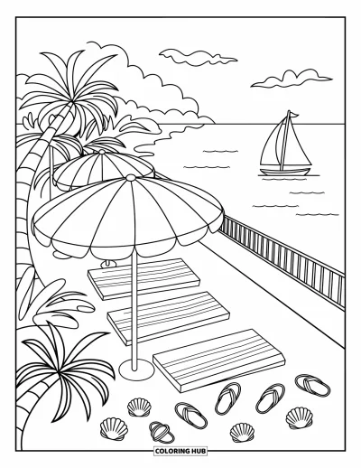 Disegno di Barcellona da colorare per adulti: Spiaggia serena con ombrelloni, conchiglie e una barca a vela che galleggia nelle vicinanze