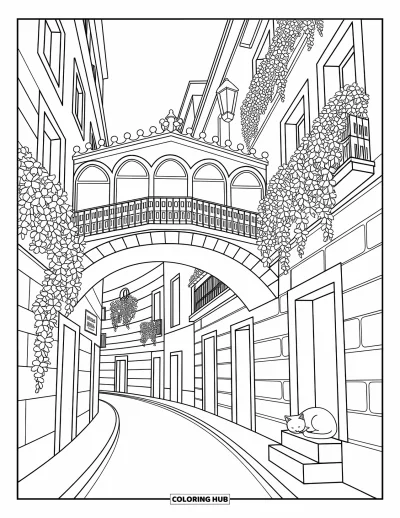 Disegno di Barcellona da colorare per adulti: Sentiero acciottolato tranquillo con ponti, balconi e un gatto assonnato su uno scalino