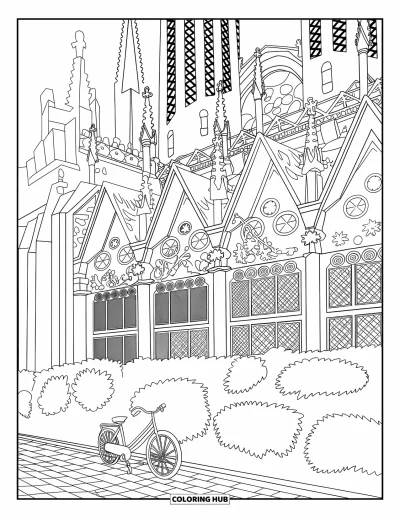 Disegno di Barcellona da colorare per adulti: Le grandi guglie e gli archi della Sagrada Família si innalzano sopra l'acciottolato, una bici e i lampioni