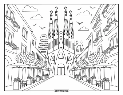 Disegno di Barcellona da colorare per adulti: La Sagrada Família semplificata svetta fiera con balconi fioriti e strade acciottolate intorno