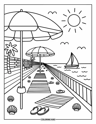 Disegno di Barcellona da colorare per adulti: Vista della spiaggia soleggiata con palme, asciugamani comodi e sandali sulla sabbia