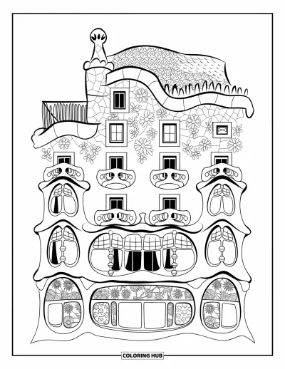 Disegno di Barcellona da colorare per adulti: Tetto ondulato e piastrelle floreali abbelliscono il design artistico di Casa Batlló