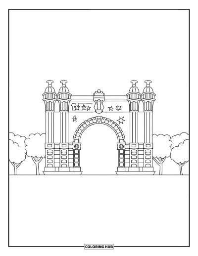 Disegno di Barcellona da colorare per bambini: L'Arc de Triomf di Barcellona con alberi e linee decise e semplici