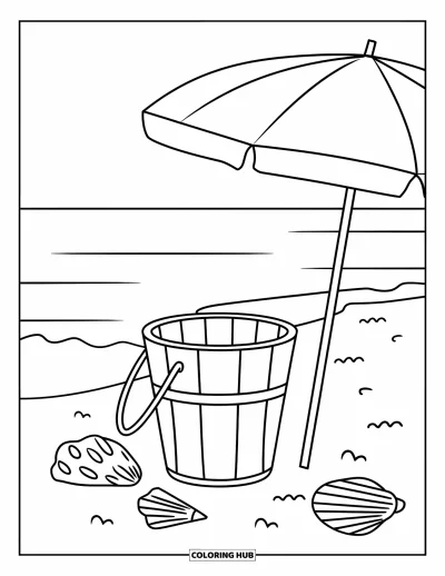 Disegno di Barcellona da colorare per bambini: Spiaggia con ombrellone, secchiello e conchiglie accanto al mare tranquillo