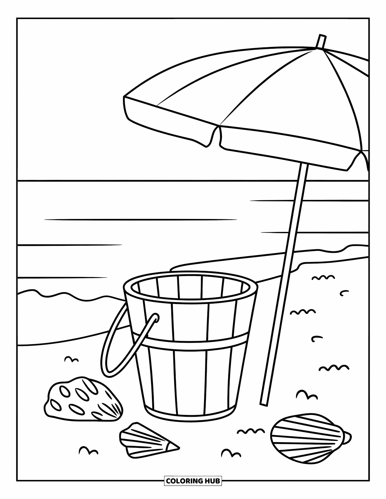Målarbild av Barcelona för barn: Strandscen med parasoll, hink och snäckor vid det lugna havet