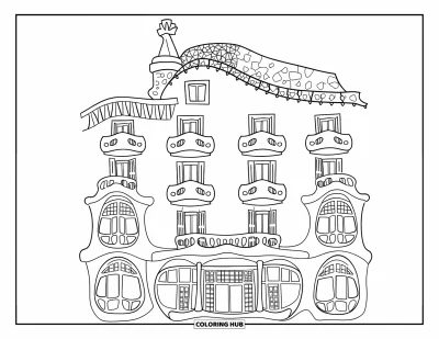 Disegno di Barcellona da colorare per bambini: Linee decise tracciano la facciata fantasiosa di Casa Batlló e i suoi tetti