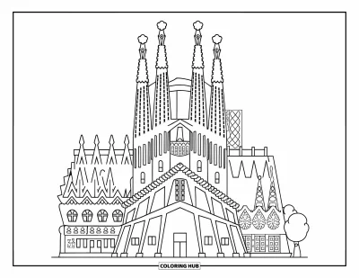 Disegno di Barcellona da colorare per bambini: Sagrada Família dai contorni decisi disegnata per un colorare divertente e facile