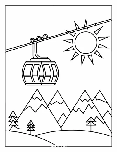 Disegno di Barcellona da colorare per bambini: Funivia che attraversa le colline con alberi e un sole splendente