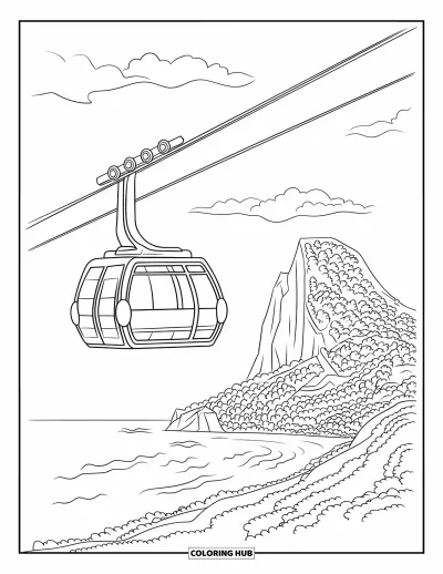 Disegno di Barcellona da colorare per bambini: Cabine della funivia sopra il Montjuïc con il mare e le montagne in basso