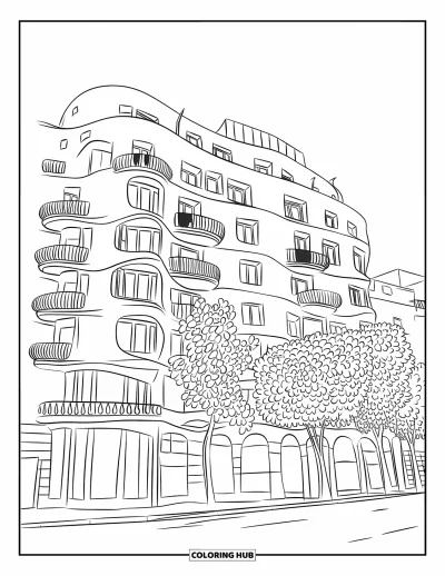 Disegno di Barcellona da colorare per bambini: La celebre facciata di Casa Milà con alberi e strada nelle vicinanze