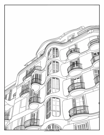Disegno di Barcellona da colorare per bambini: Le forme sinuose e i dettagli in pietra di Casa Milà riflettono il fascino della città
