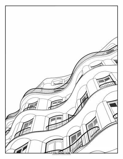 Disegno di Barcellona da colorare per bambini: Le finestre ondulate e i balconi di Casa Milà si curvano con un design espressivo
