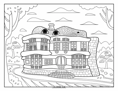 Disegno di Barcellona da colorare per bambini: Tetto curvo della casa e alberi in un sereno paesaggio montano