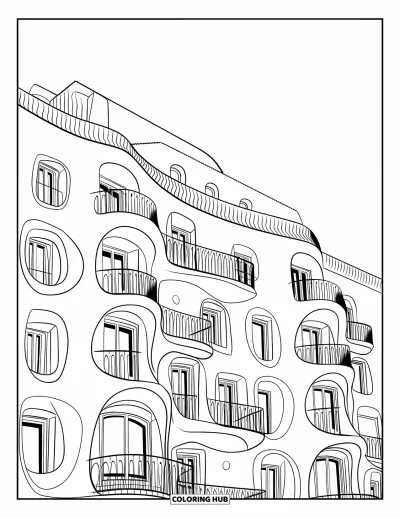 Disegno di Barcellona da colorare per bambini: Finestre curve e balconi definiscono l'architettura giocosa di Casa Milà