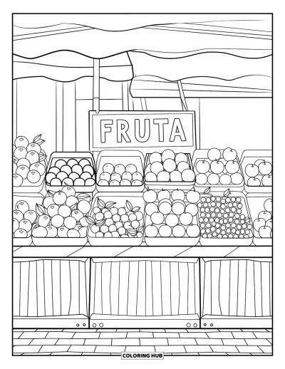 Disegno di Barcellona da colorare per bambini: Insegna "Fruta" appesa sopra frutta ammucchiata in una strada acciottolata