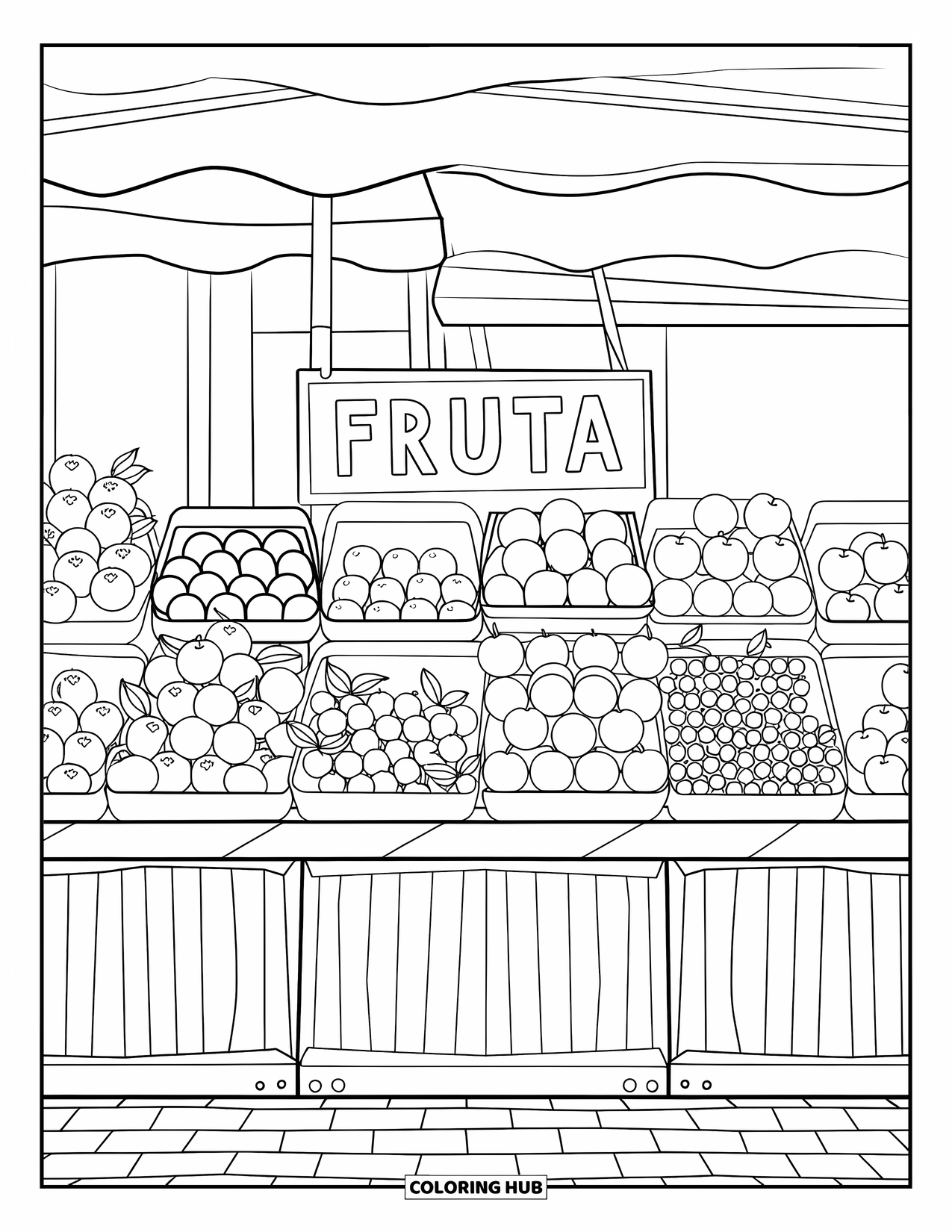 Målarbild av Barcelona för barn: Skylt med "Fruta" hänger ovanför uppstaplad frukt på en kullerstensbelagd gata