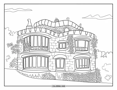 Disegno di Barcellona da colorare per bambini: Casa in stile Gaudí con finestre ondulate e piante sulle pareti di pietra