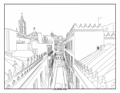 Disegno di Barcellona da colorare per bambini: Edifici gotici e vicoli stretti pieni di pedoni e fascino