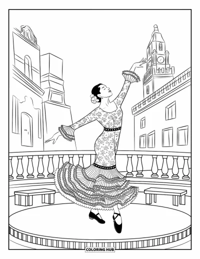 Disegno di Barcellona da colorare per bambini: Una graziosa ballerina di flamenco volteggia accanto a panchine e una torre in lontananza