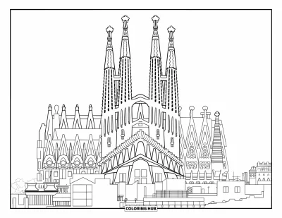 Disegno di Barcellona da colorare per bambini: La celebre Sagrada Família incorniciata da tetti e linee architettoniche decise